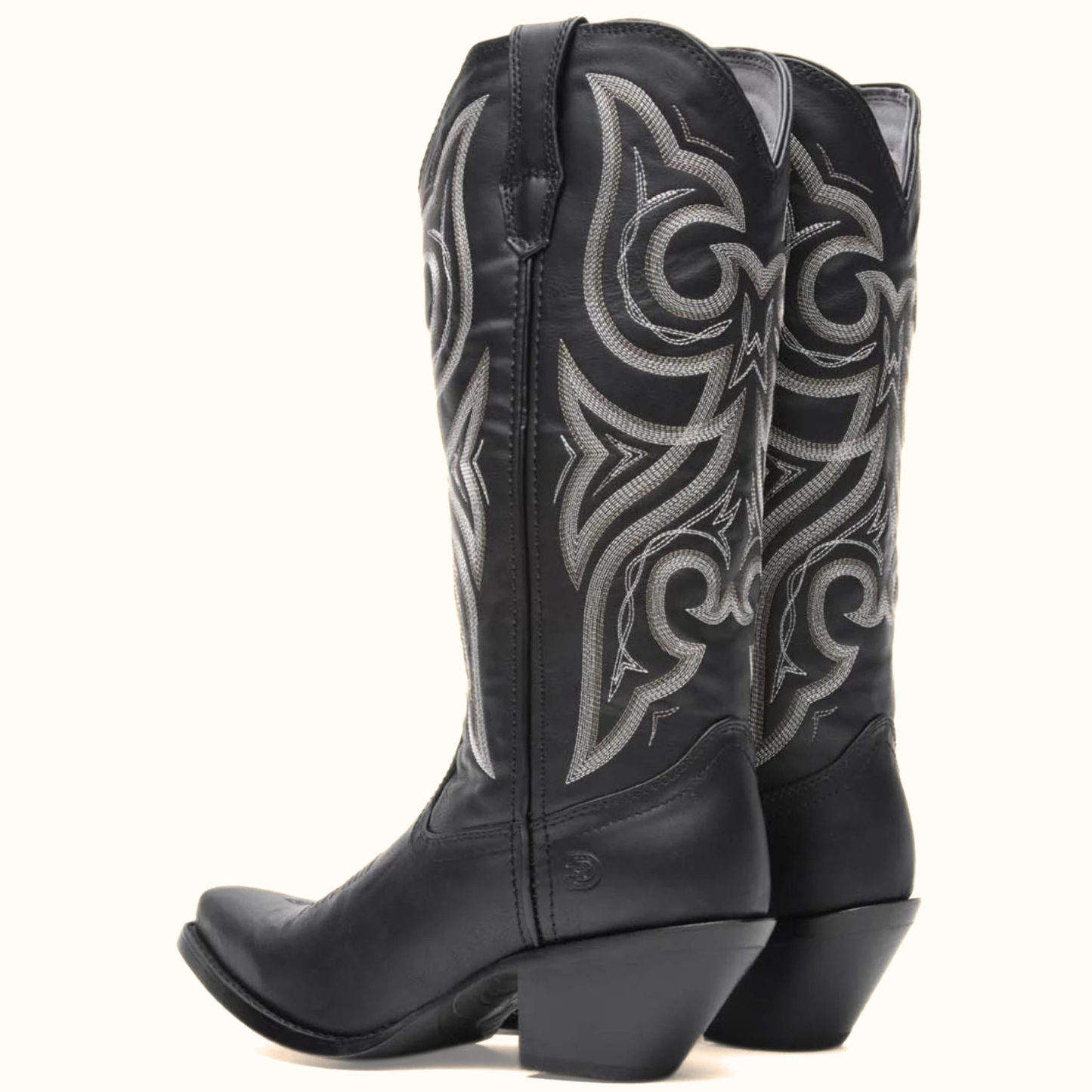 Pair of Crush by Durango Black Beauty Western Boot back view with stitched shaft detail