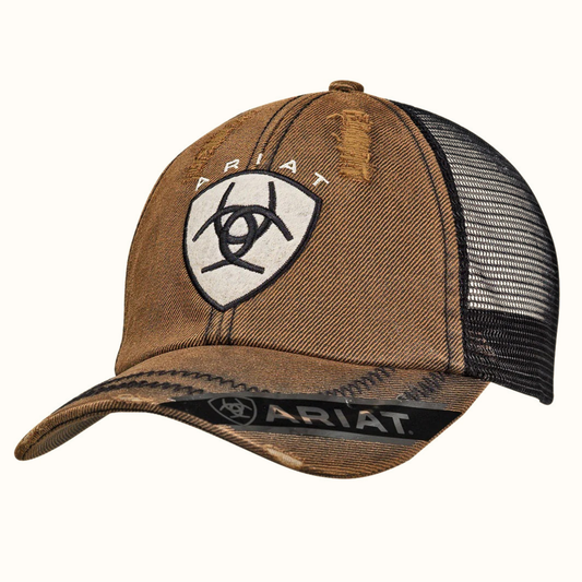 Ariat Distressed Shield Logo Ball Cap Brown/Black | Bronco Yard