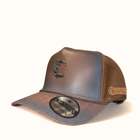 Cuadra Leather Logo Snapback Cap Brown front angle view