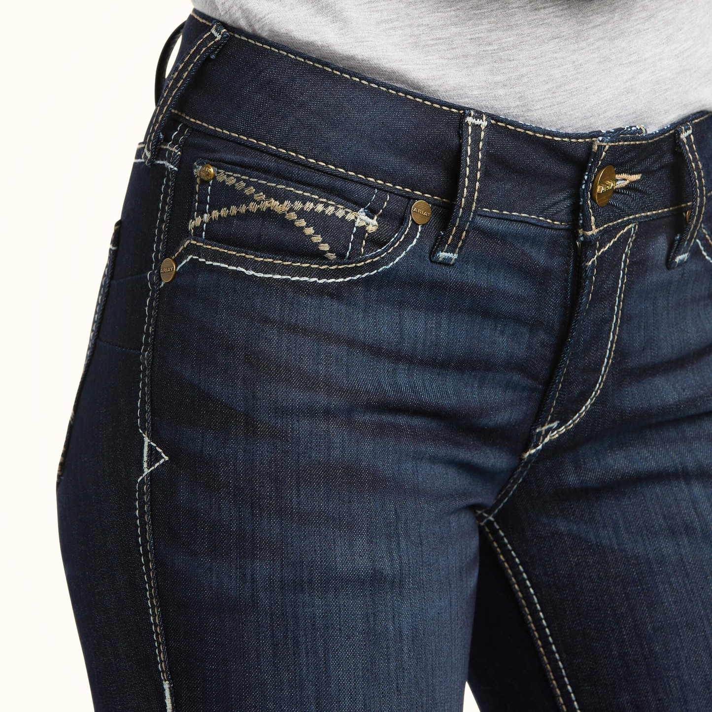 Ariat Women’s R.E.A.L. Perfect Rise Contessa Boot Cut Jeans Blue front pocket detail