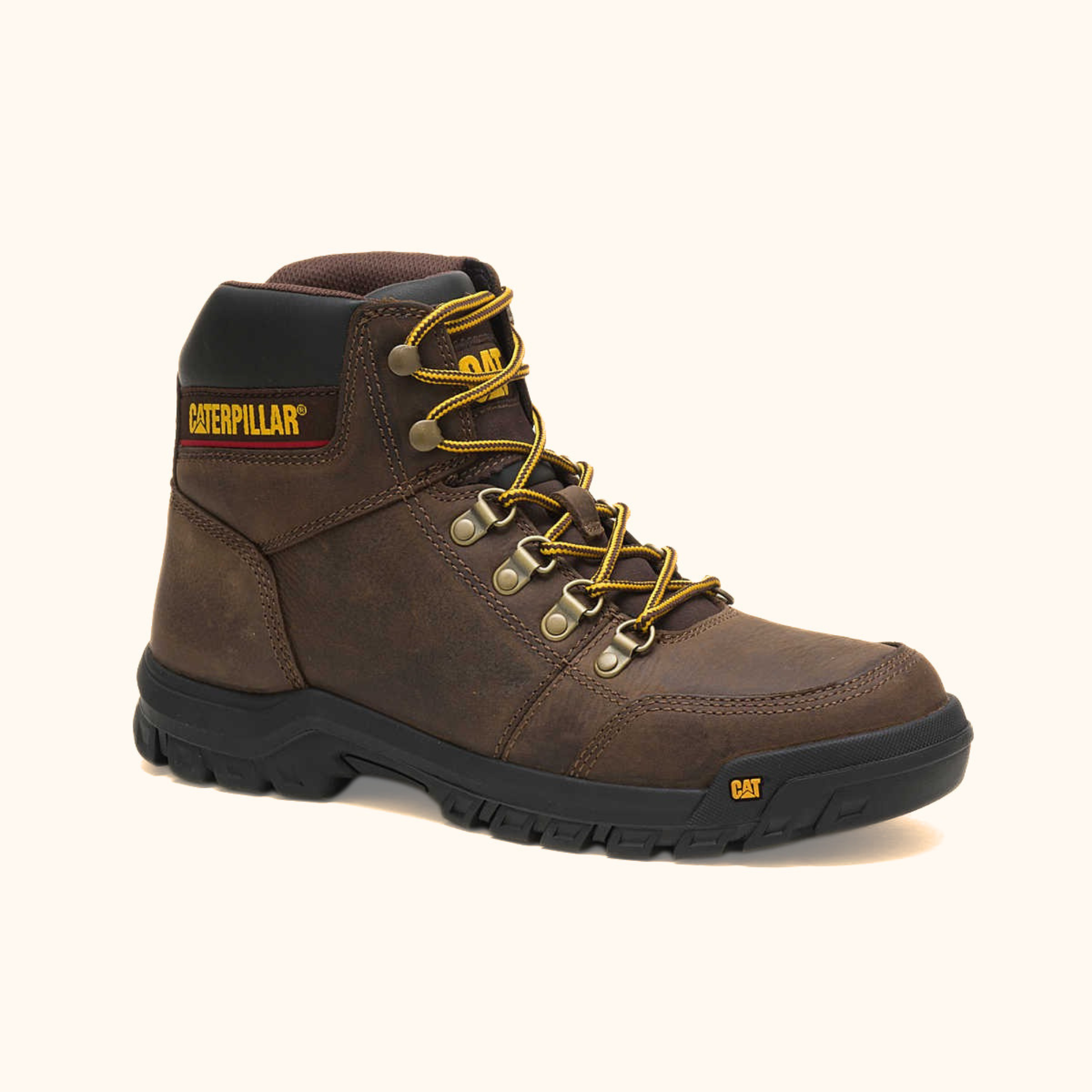 CAT Outline Work Boot angled side view in brown leather