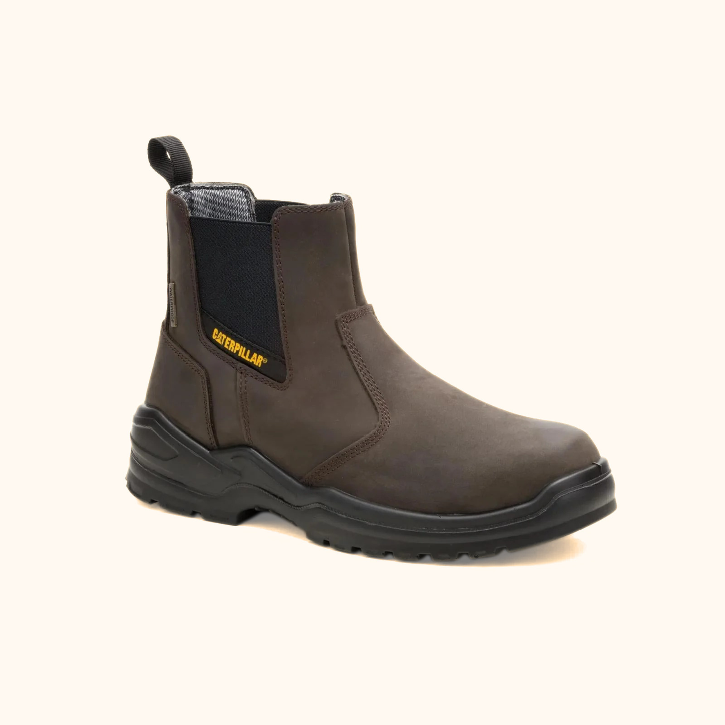 CAT Striver Chelsea Waterproof Steel Toe Work Boot angled side view in brown leather