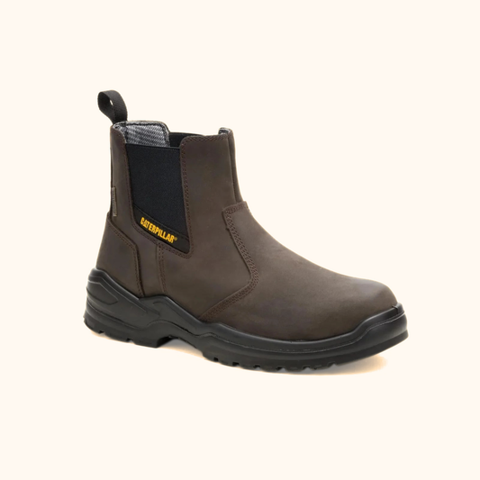 CAT Striver Chelsea Waterproof Steel Toe Work Boot angled side view in brown leather