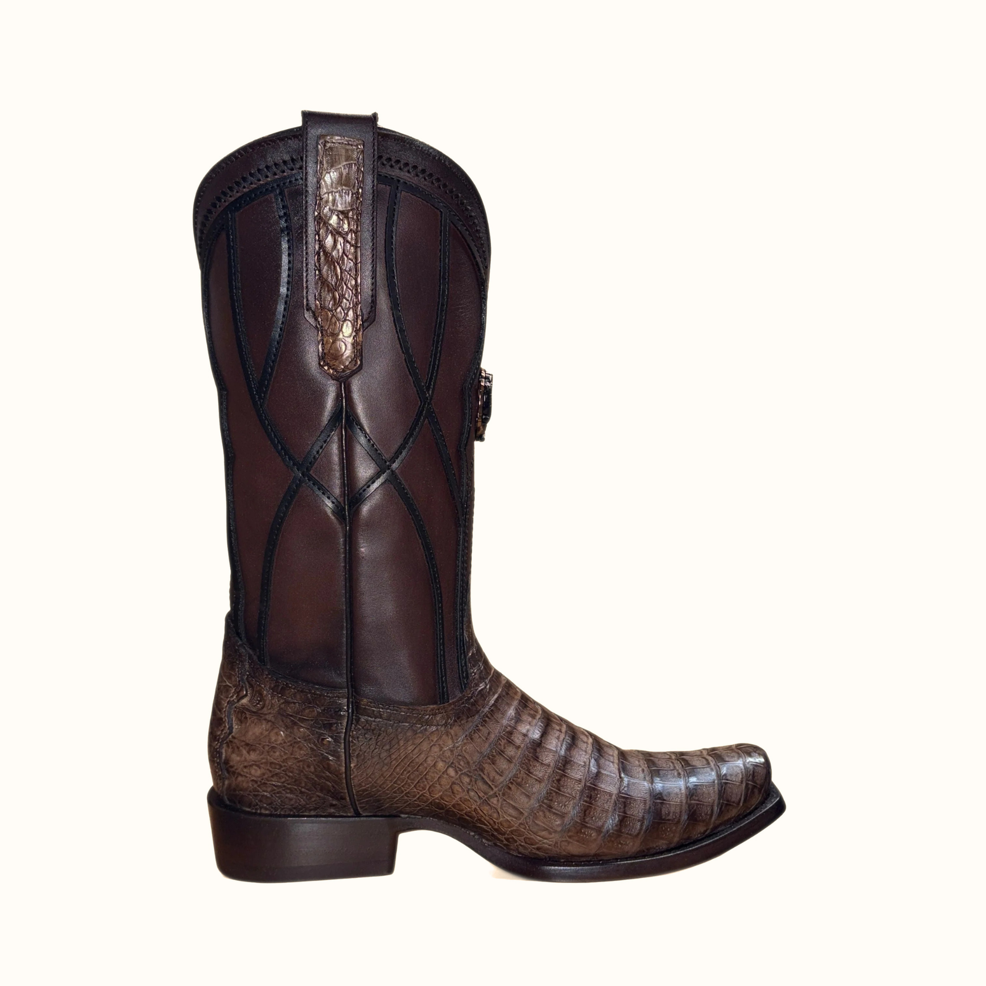 Cuadra Men’s Brown Caiman Embroidery and Woven Narrow Square Toe Boot side view in brown leather