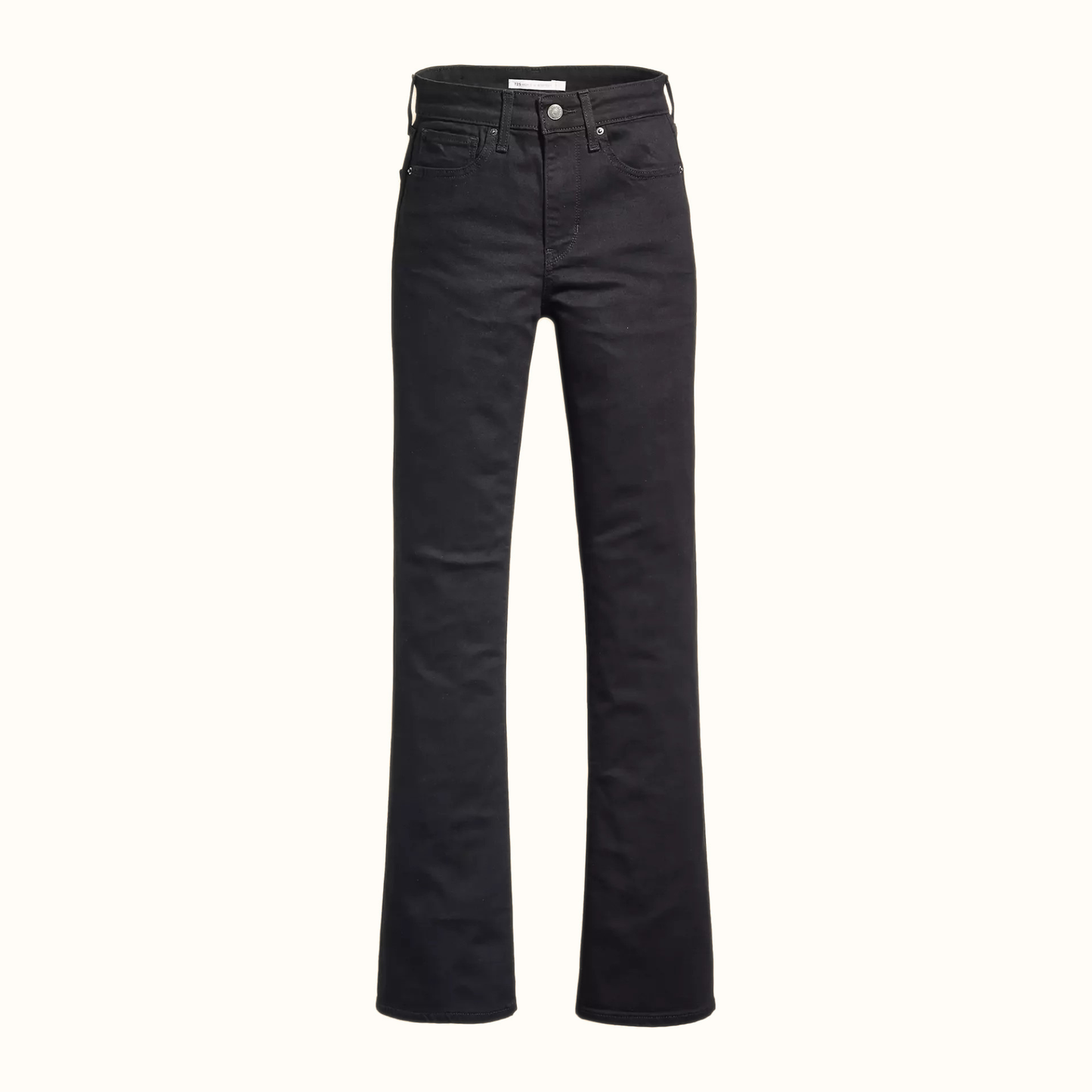 Front view of Levi’s 725 High Rise Bootcut Jeans laid flat in black denim