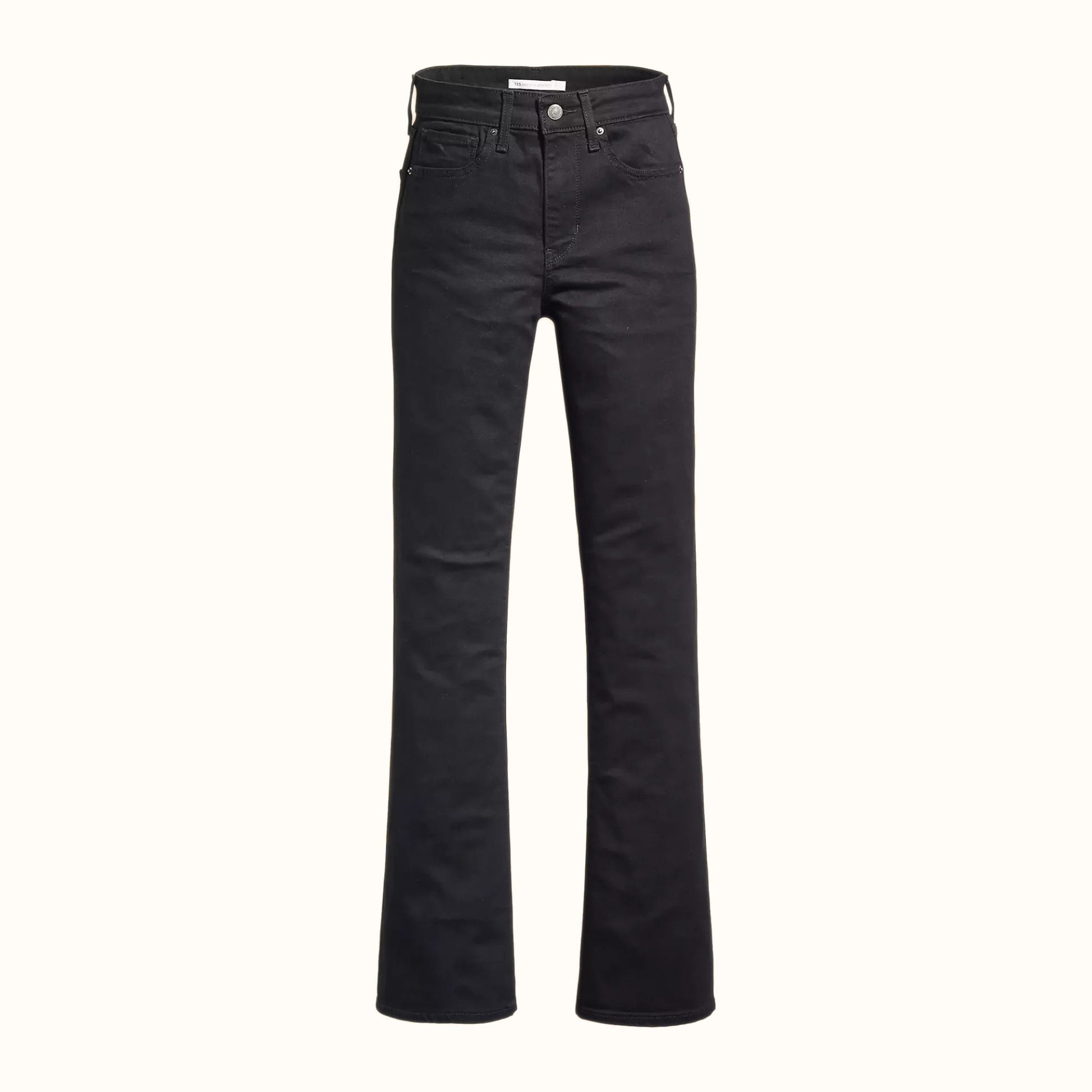 Front view of Levi’s 725 High Rise Bootcut Jeans laid flat in black denim