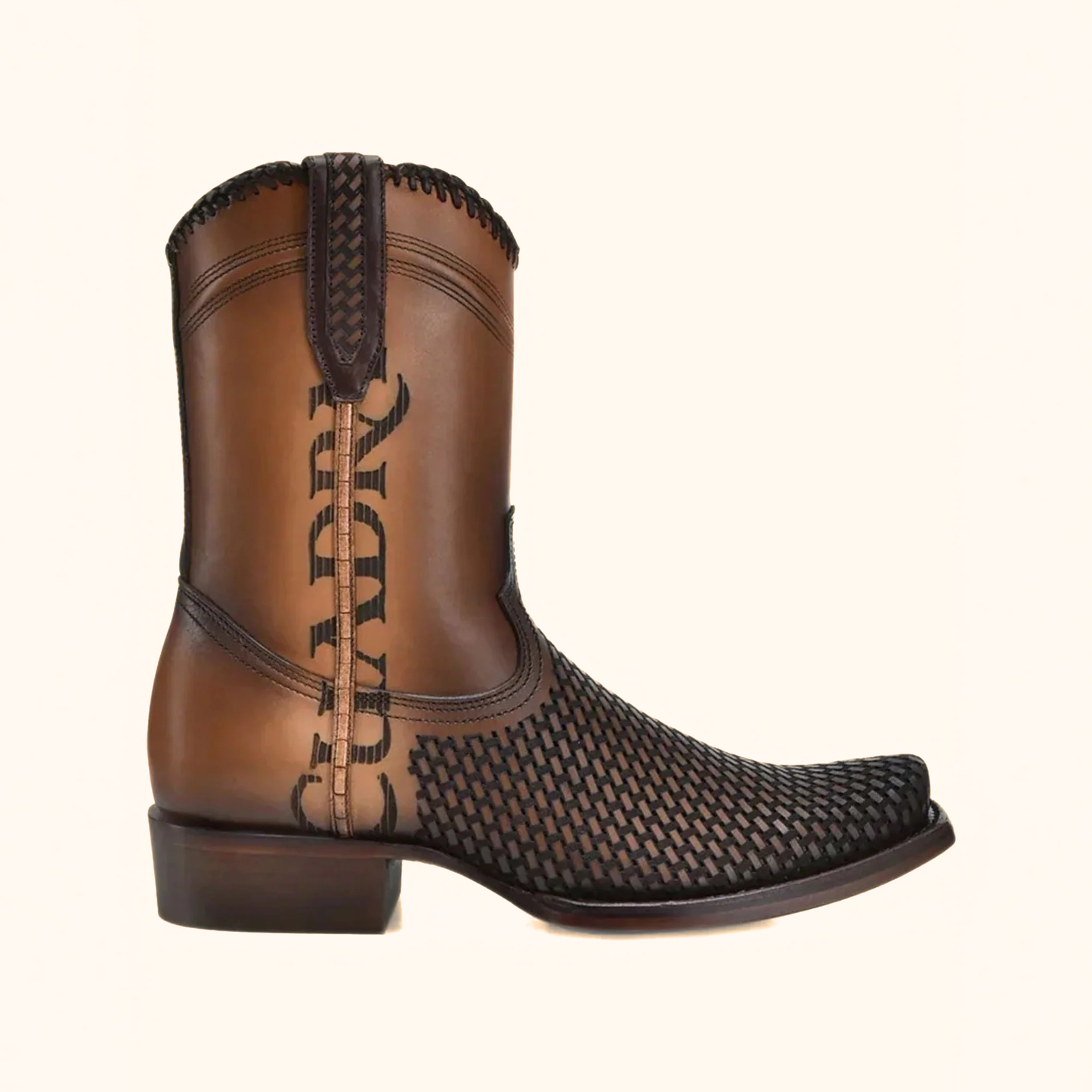 Opposite side profile view of Cuadra Denver Brown Laser & Woven Narrow Square Toe Boot