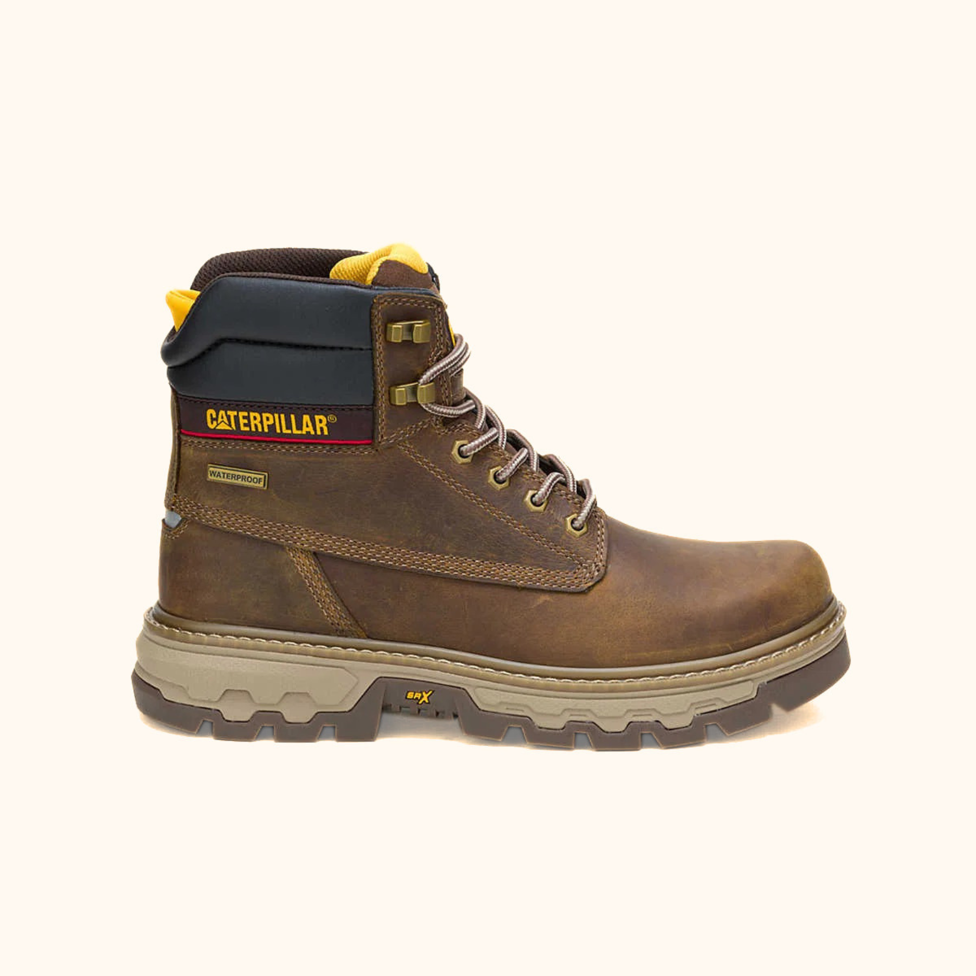 CAT Colorado Equip 6 inch Waterproof Work Boot side view in brown leather