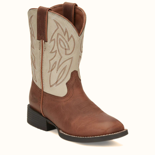 Justin Canter Junior Boot angled side view in brown and cream leather