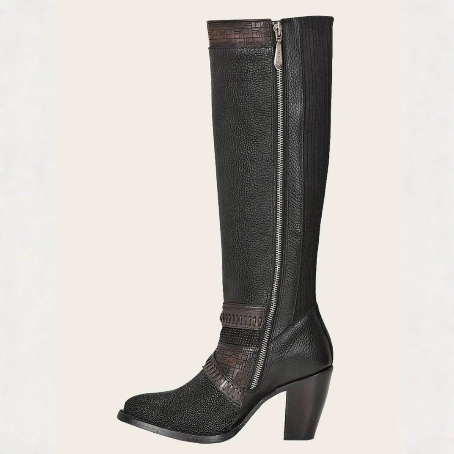 Side profile view of Cuadra Tall Black Stingray Boot