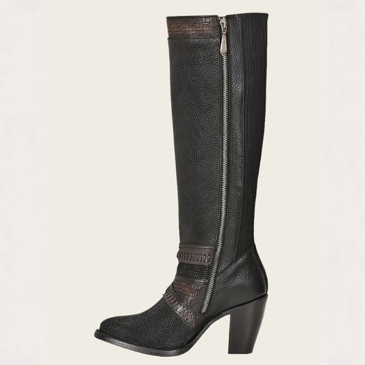 Side profile view of Cuadra Tall Black Stingray Boot