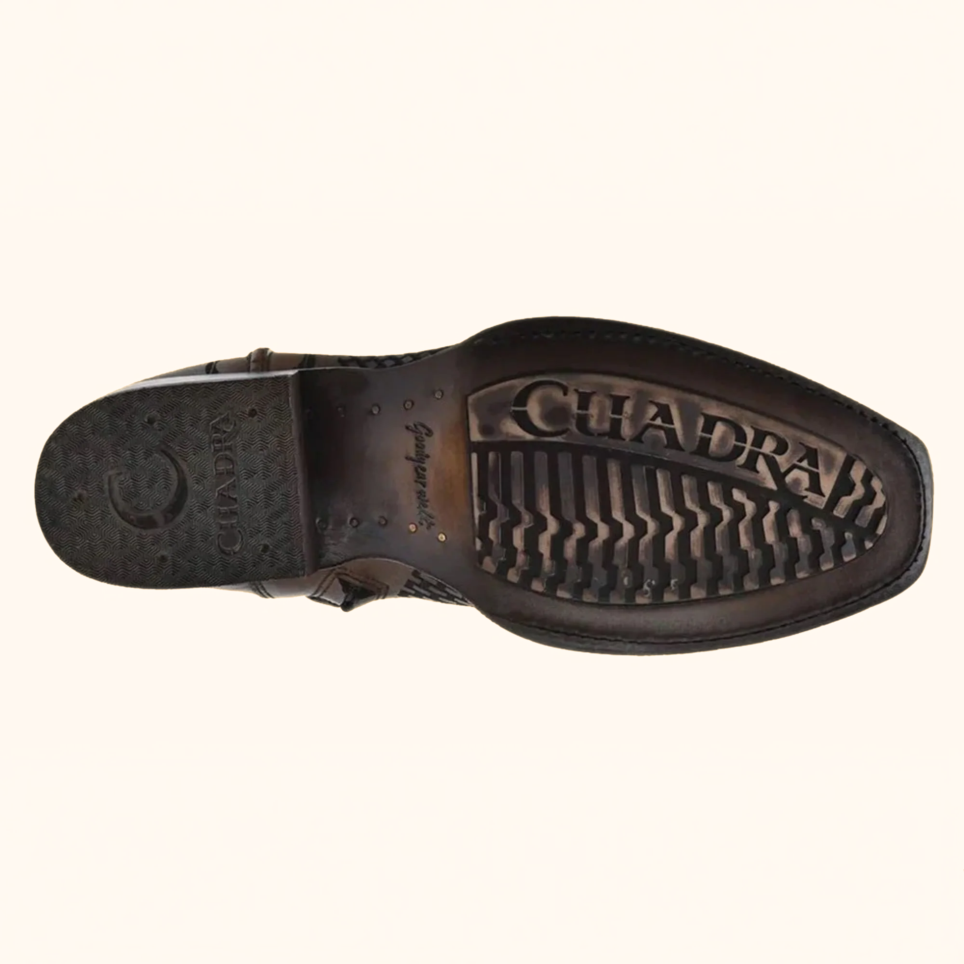 Outsole view of Cuadra Denver Brown Laser & Woven Narrow Square Toe Boot