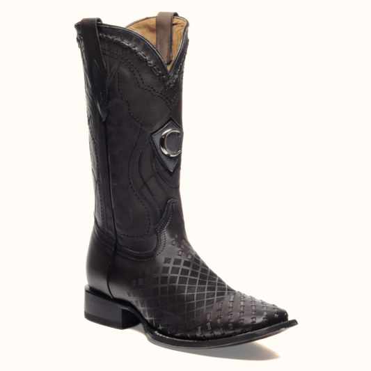 Cuadra engraved black leather western boot angled profile