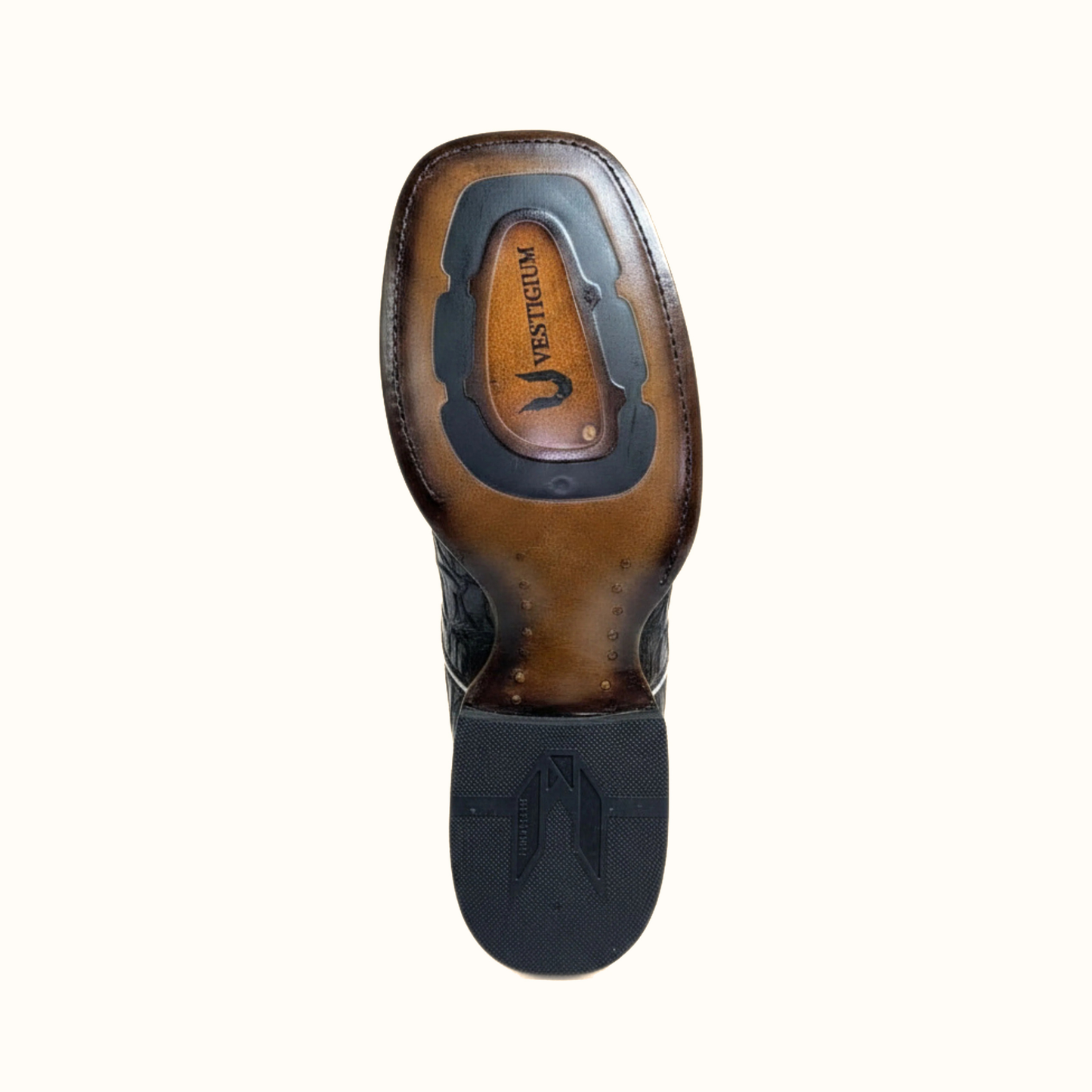 Outsole view of Vestigium Black Caiman Belly Boot