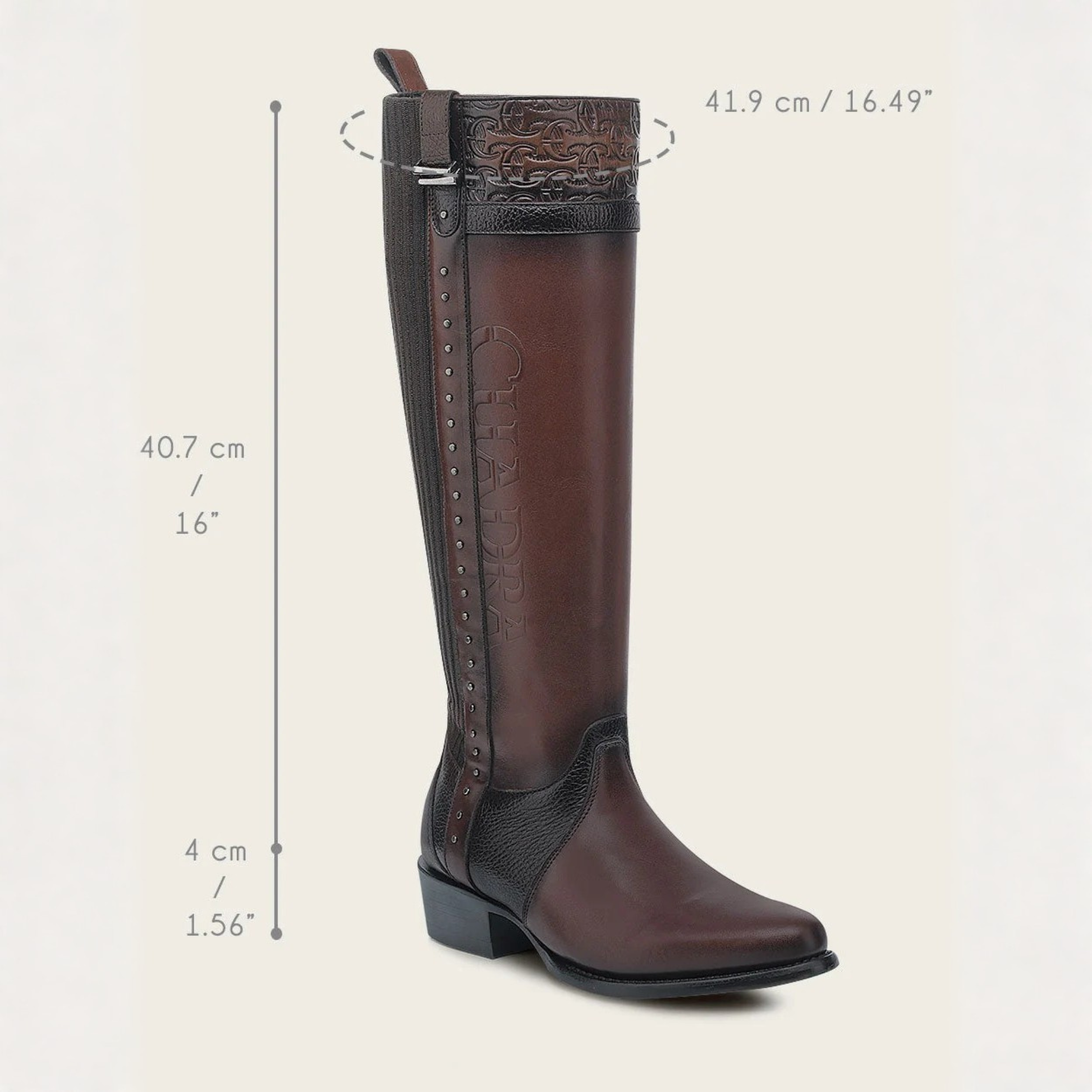 Cuadra Women’s Brown Leather Riding Boots angled front view with dimensions
