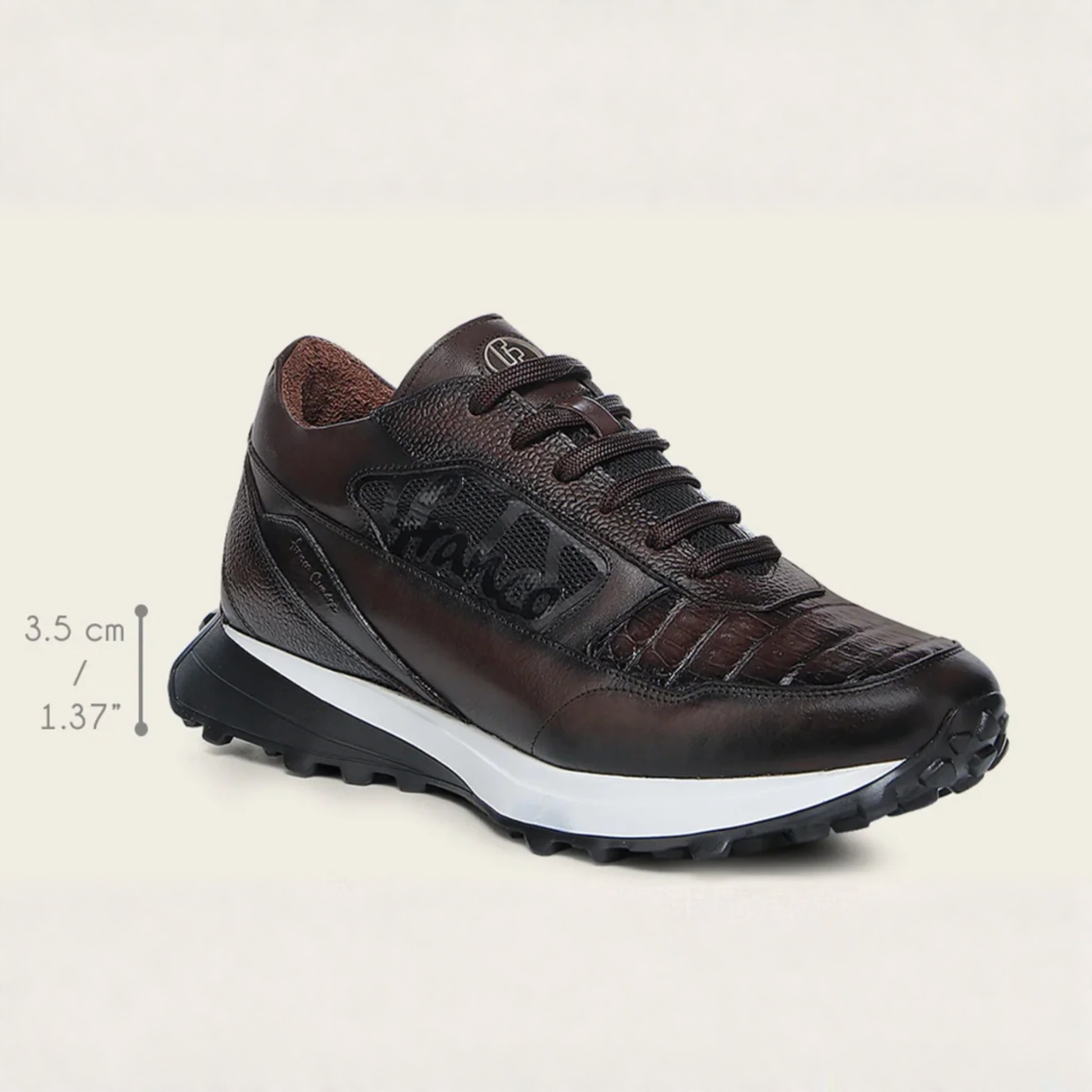 Cuadra Genuine Cayman Leather Sneakers side profile in dark brown leather with dimensions