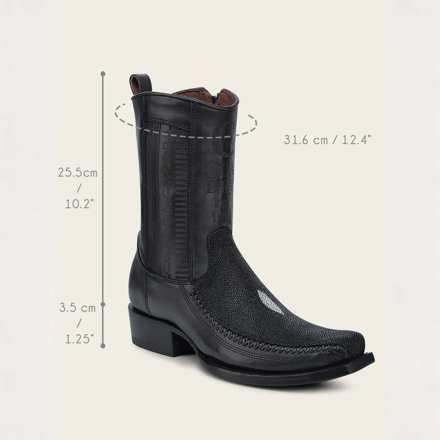 Front angled view of Cuadra Engraved Black Stingray Cowboy Boot with dimensions