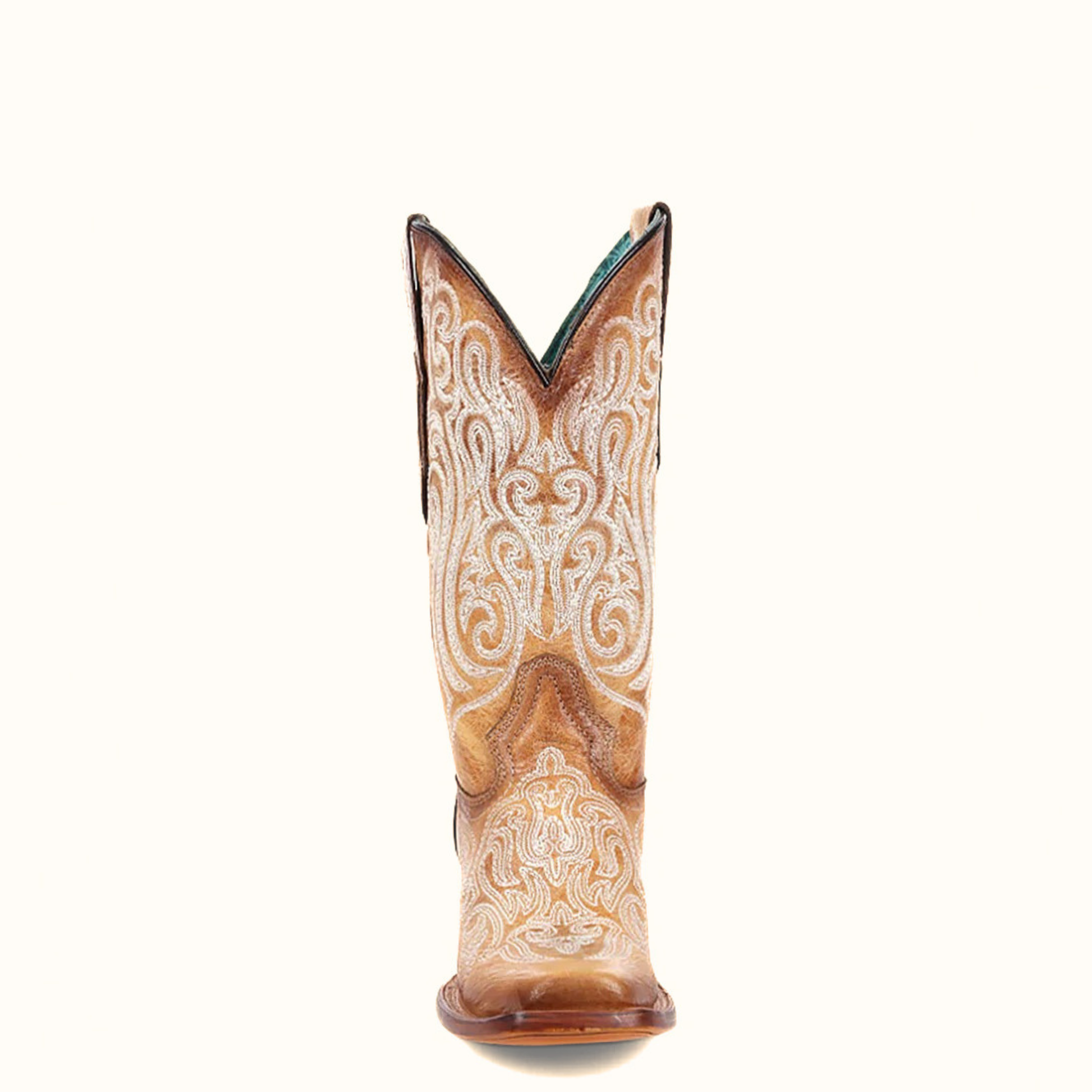 Front view of embroidered shaft detailing on Corral cowboy boots