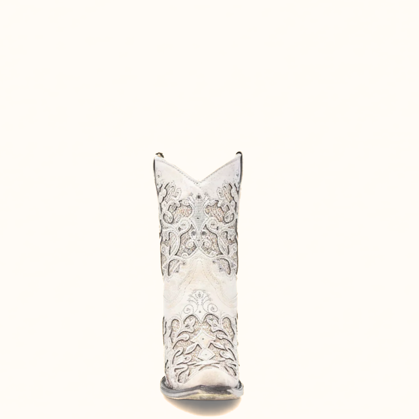 Front profile of Corral white wedding cowboy bootie with crystal detailing