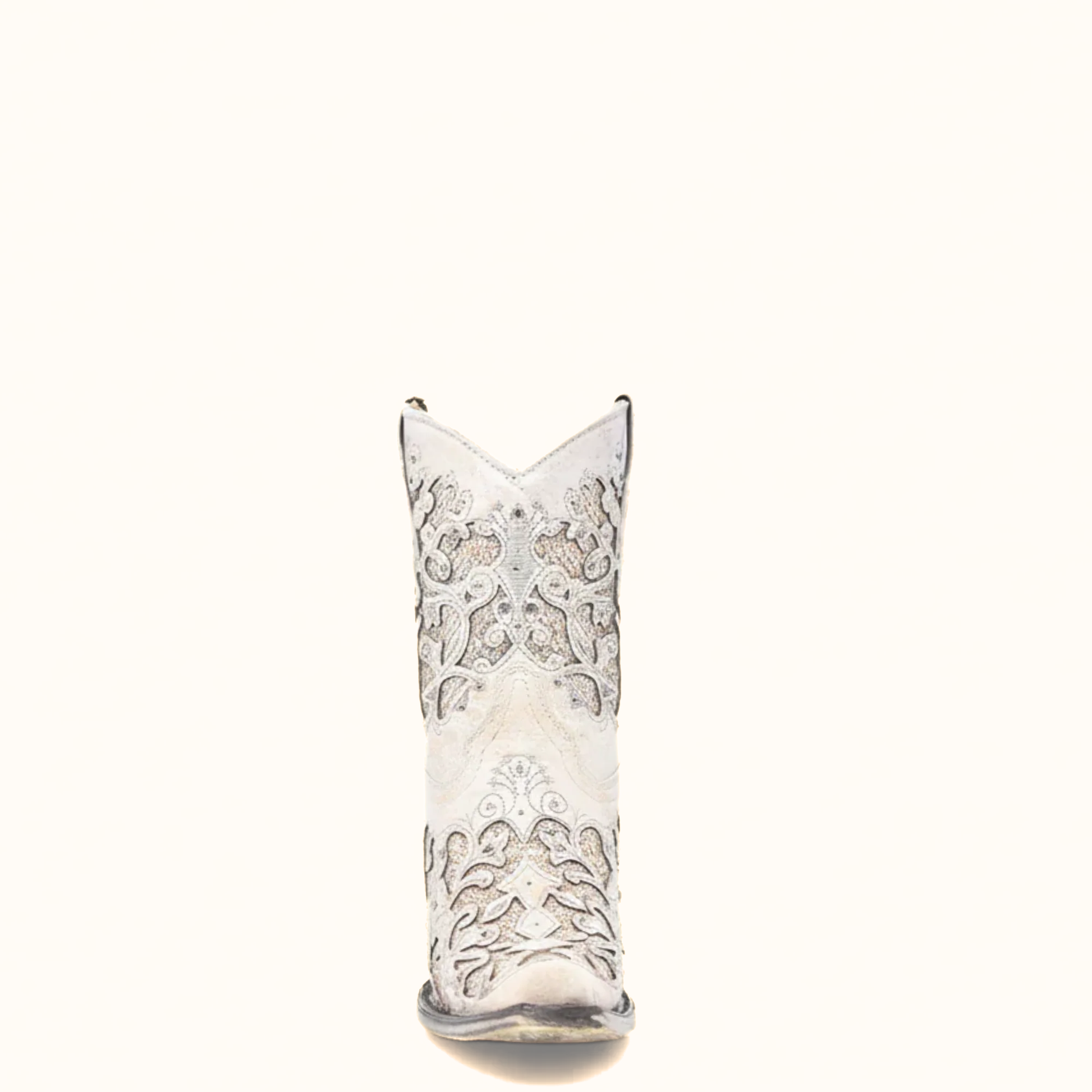 Front profile of Corral white wedding cowboy bootie with crystal detailing