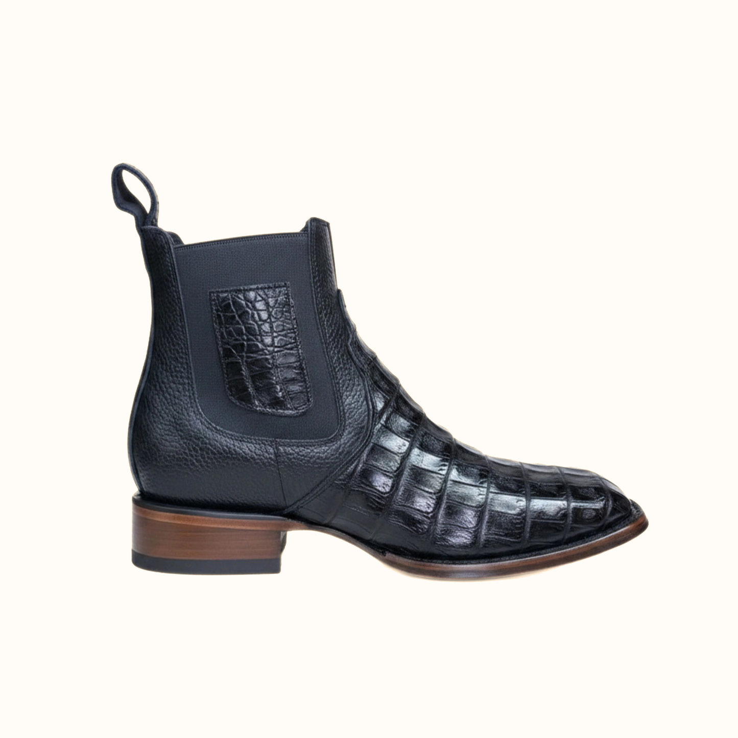 Vestigium Black Caiman Belly Boot opposite side view in black exotic leather