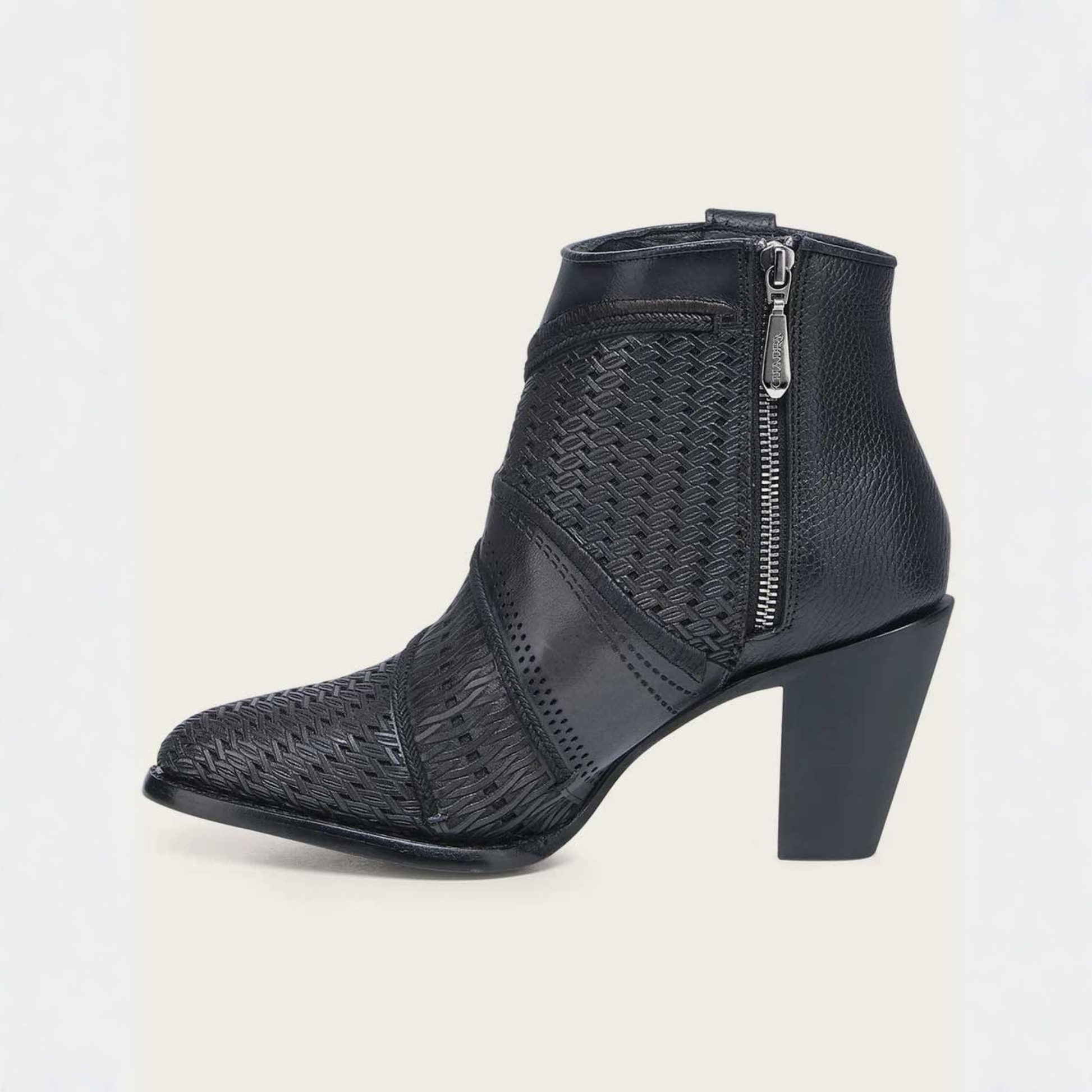 Cuadra Oxford Laser & Embroidery Studs & Zipper Round Toe Bootie side profile