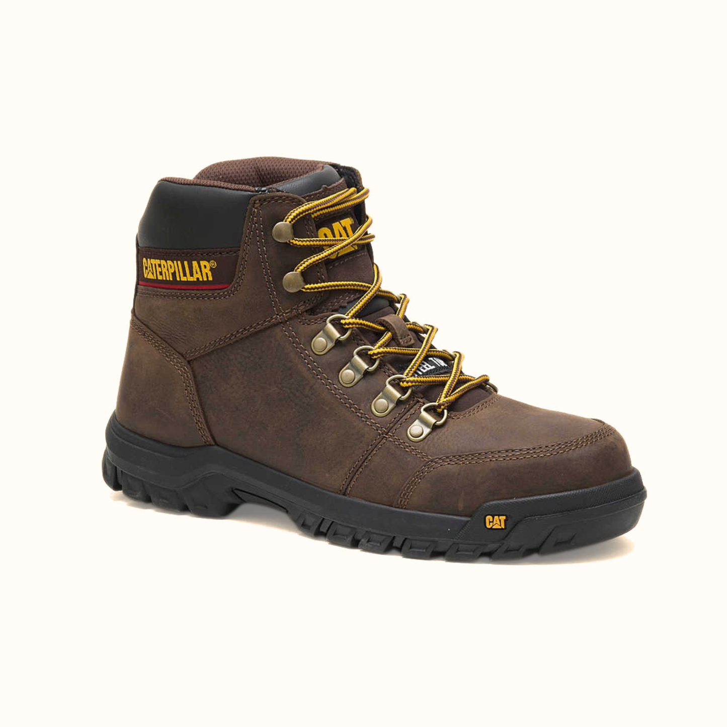 Front angled view of CAT Outline Steel Toe Work Boot in brown