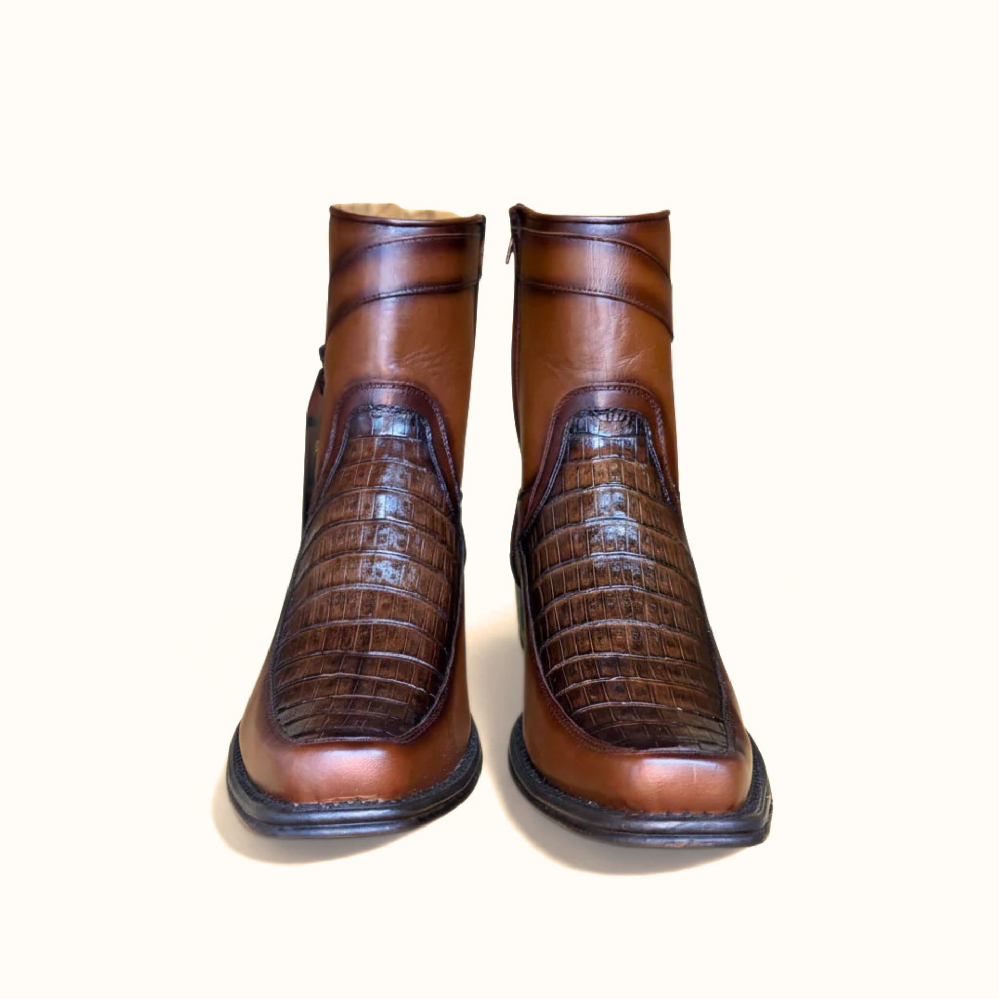Los Altos Faded Brown Caiman Belly Narrow Square Toe Boot front pair view