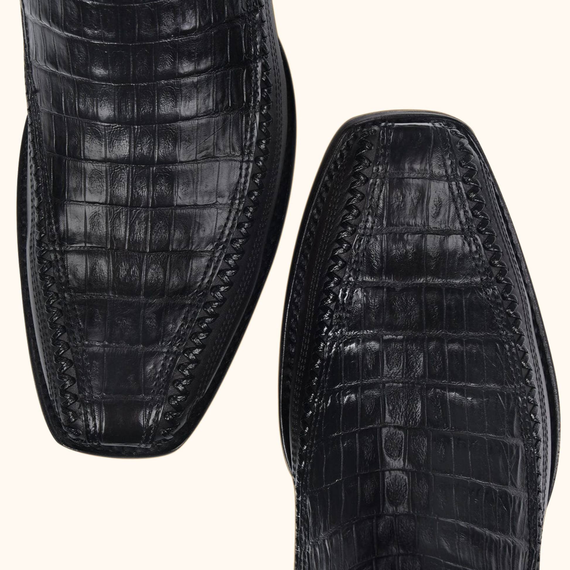 Pair of Cuadra Plunge Black Caiman Laser & Woven Narrow Square Toe Boots