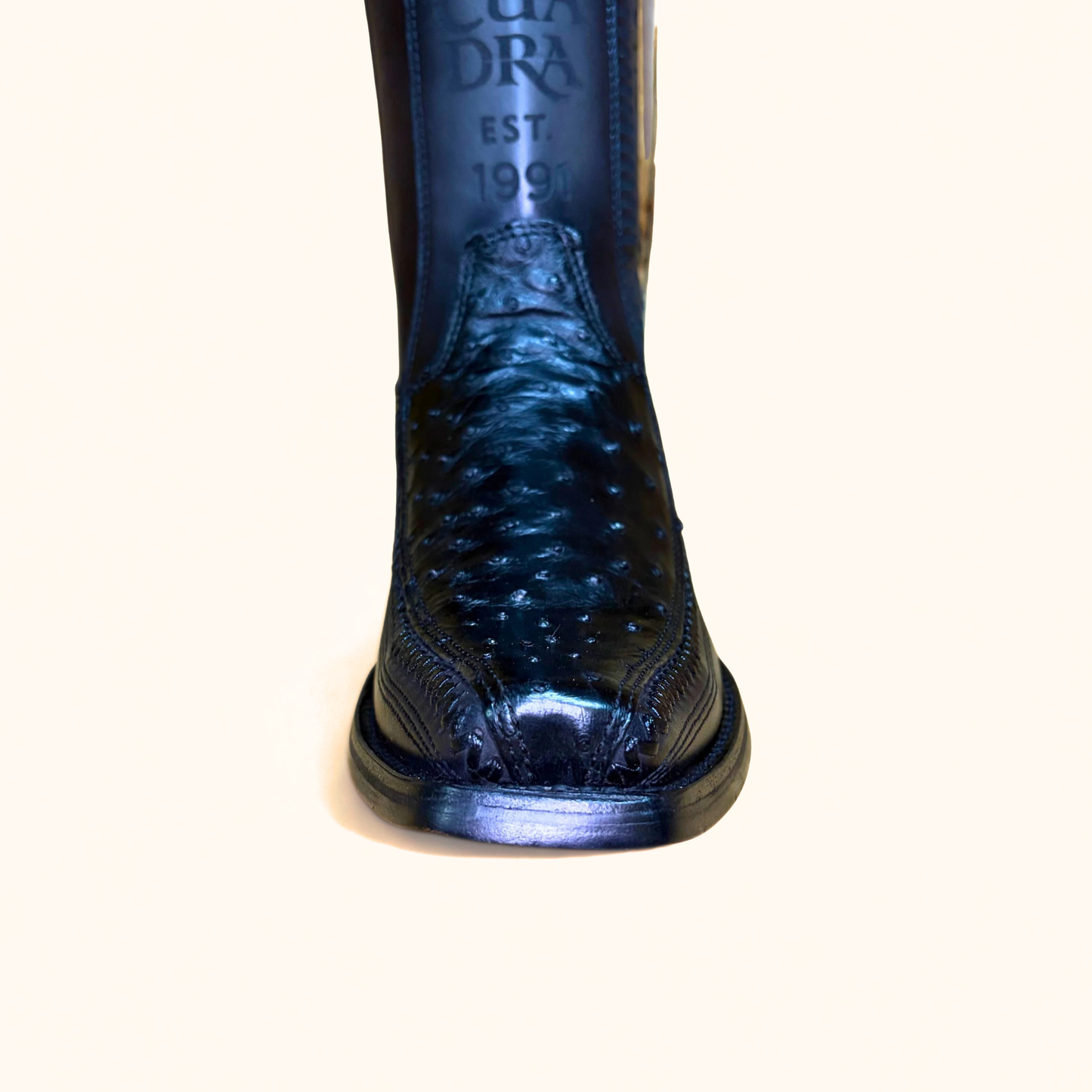 Cuadra Black Ostrich Lazer & Woven Narrow Square Toe Boots front view showing narrow square toe