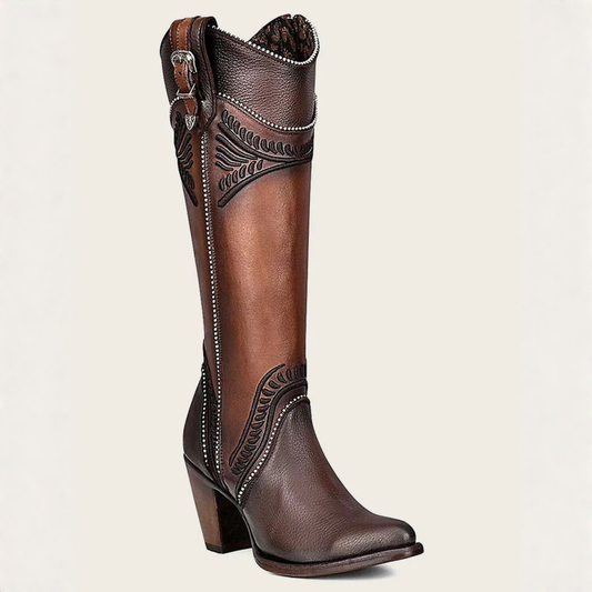 Cuadra Elegant Honey Embroidered Knee High Boot angled profile view