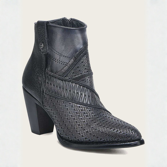 Cuadra Oxford Laser & Embroidery Studs & Zipper Round Toe Bootie front angle view