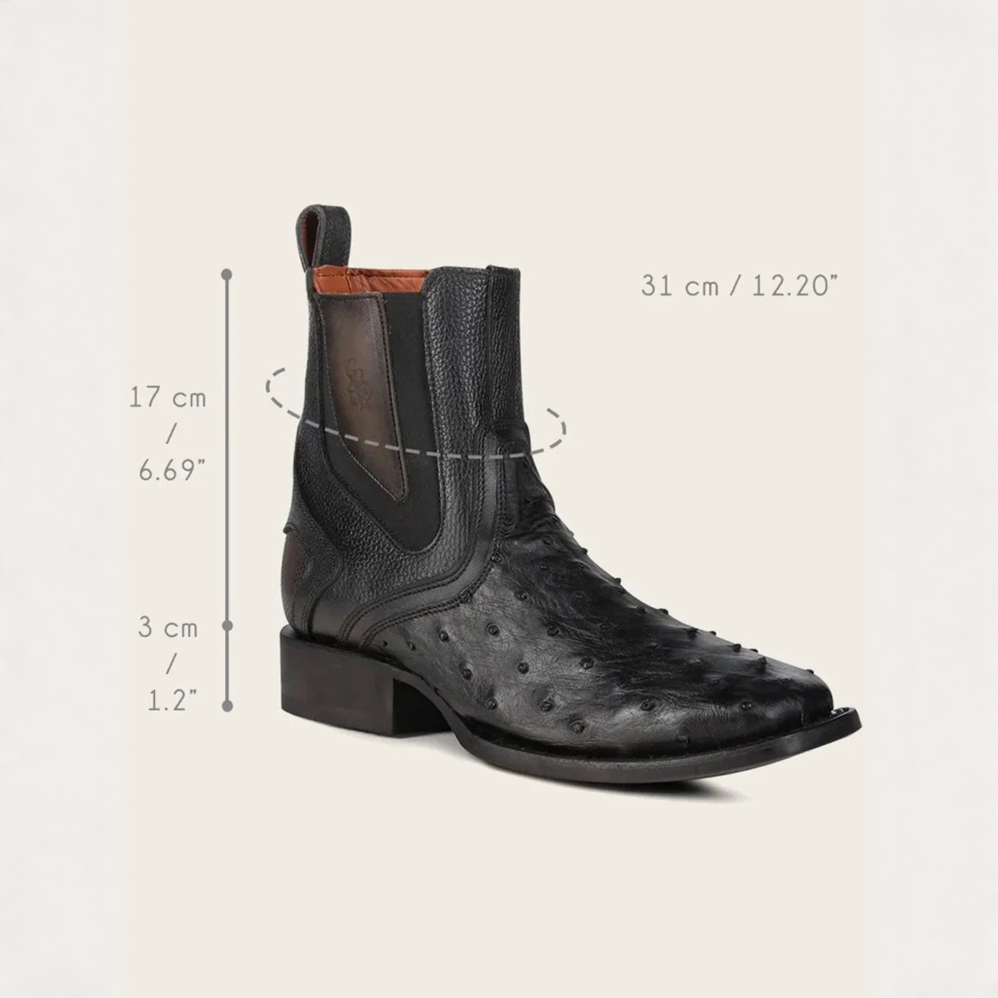 Front angled view of Cuadra Black Ostrich Zipper & Elastic Square Toe Boot with dimensions