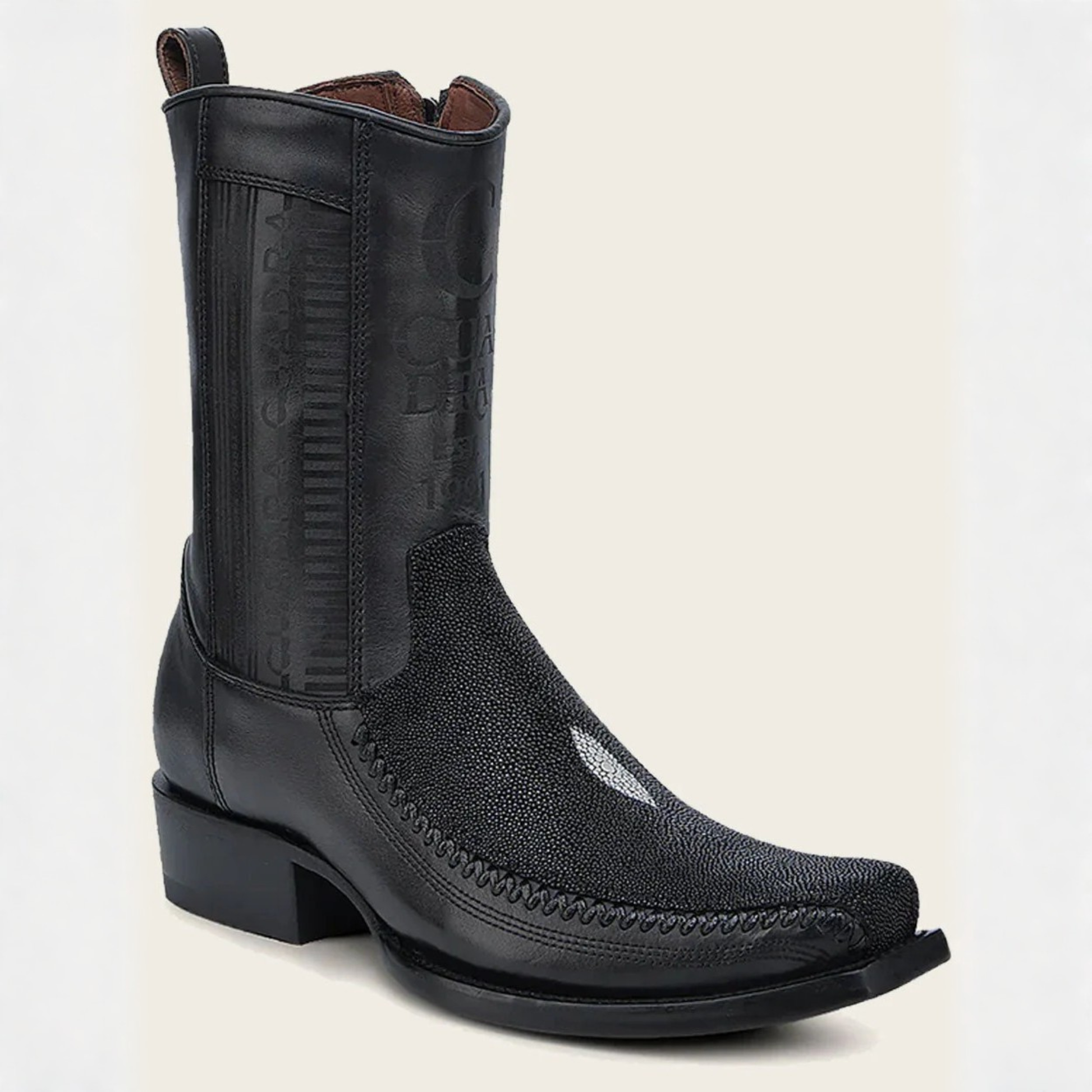 Front angled view of Cuadra Engraved Black Stingray Cowboy Boot