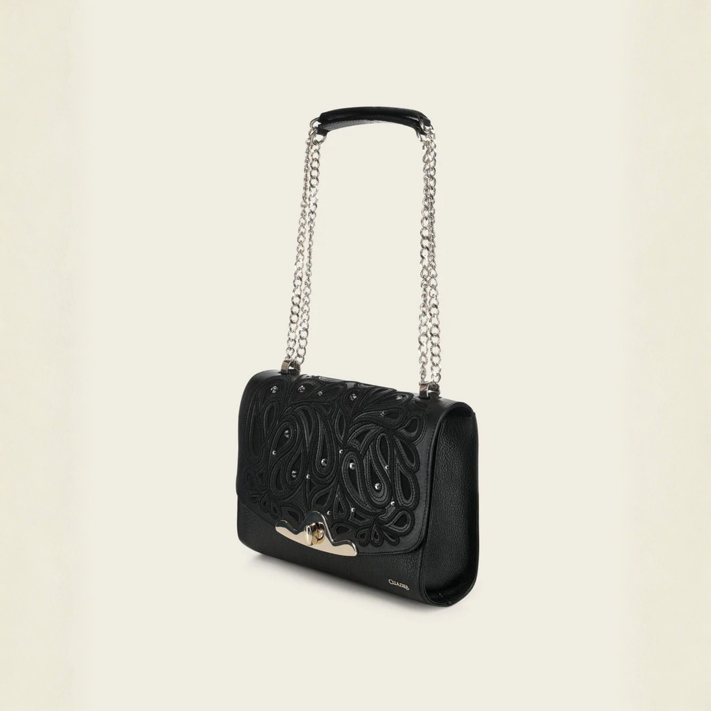 Cuadra Black Leather Crystal Shoulder Bag