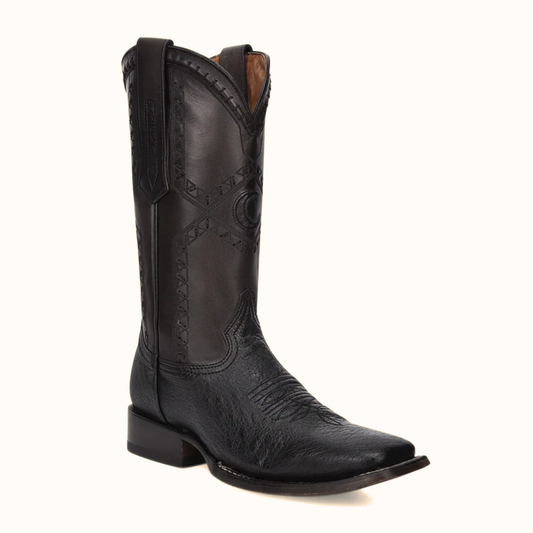 Cuadra Black Ostrich Laser & Woven Square Toe Boot front angle view