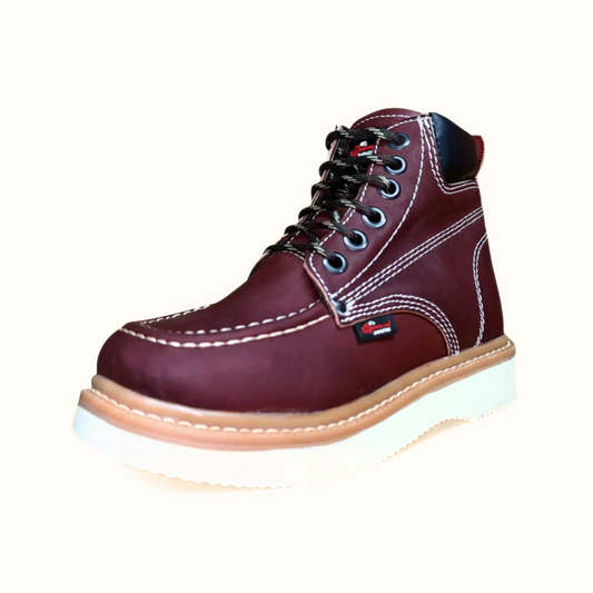 Cerro Piel Shedron Rayas Ambar men’s work boot in burgundy leather with wedge sole angled view
