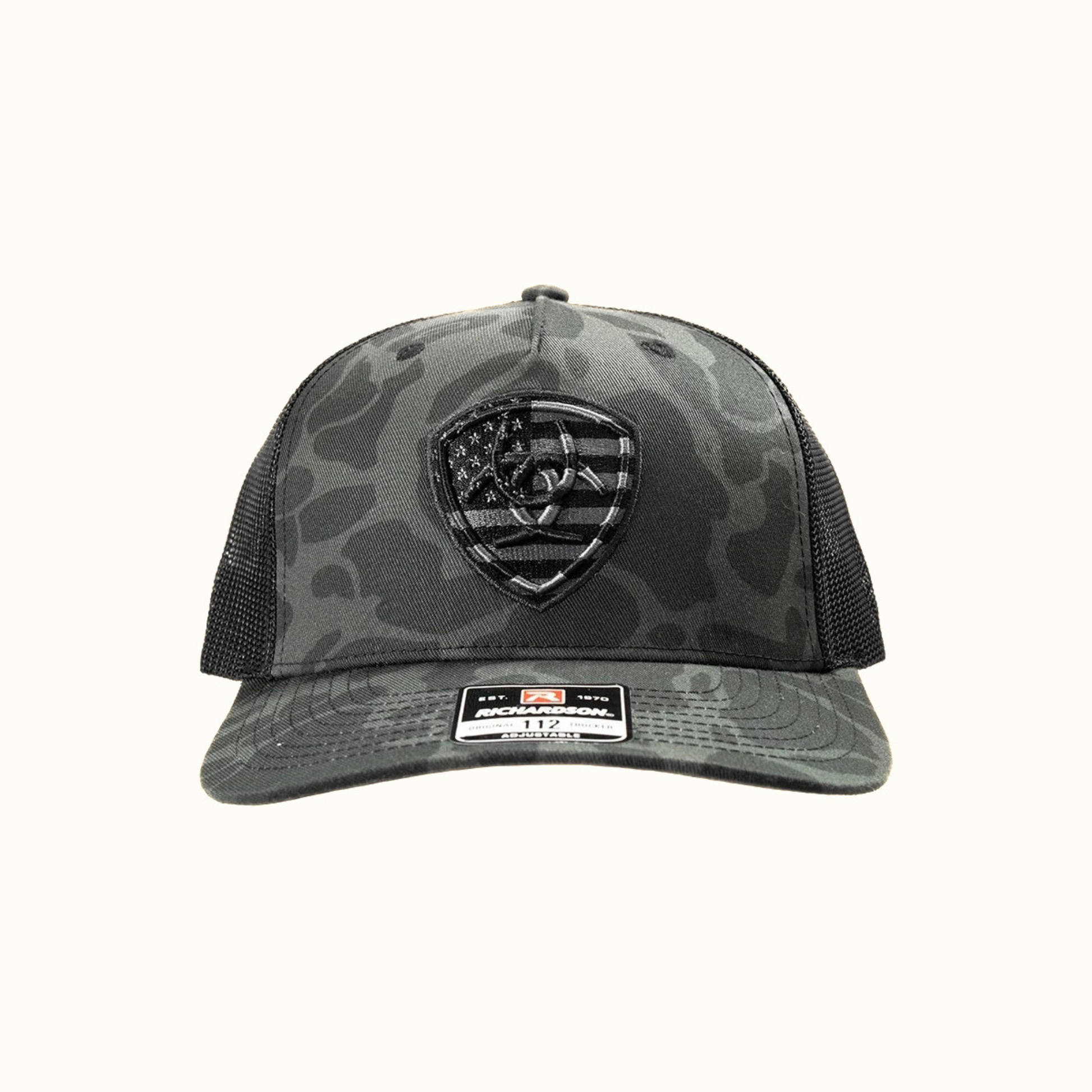Ariat Camo Shield Snapback Cap Black Grey front view