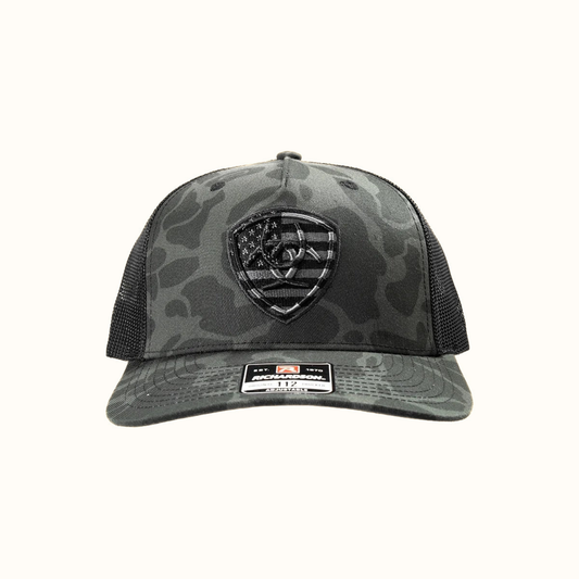 Ariat Camo Shield Snapback Cap Black Grey front view