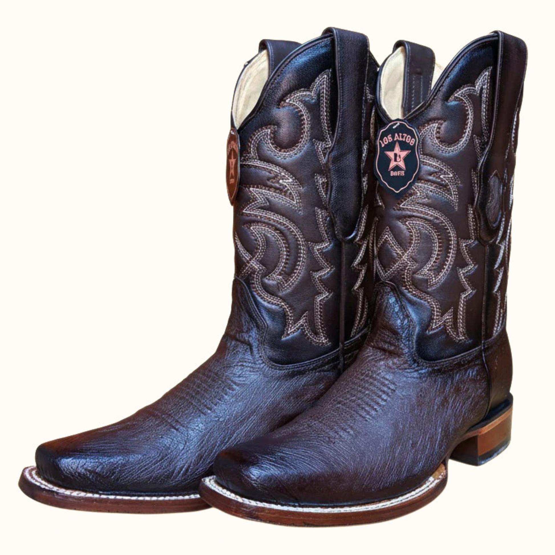 Los Altos smooth ostrich faded brown rodeo square toe boot front angle pair view