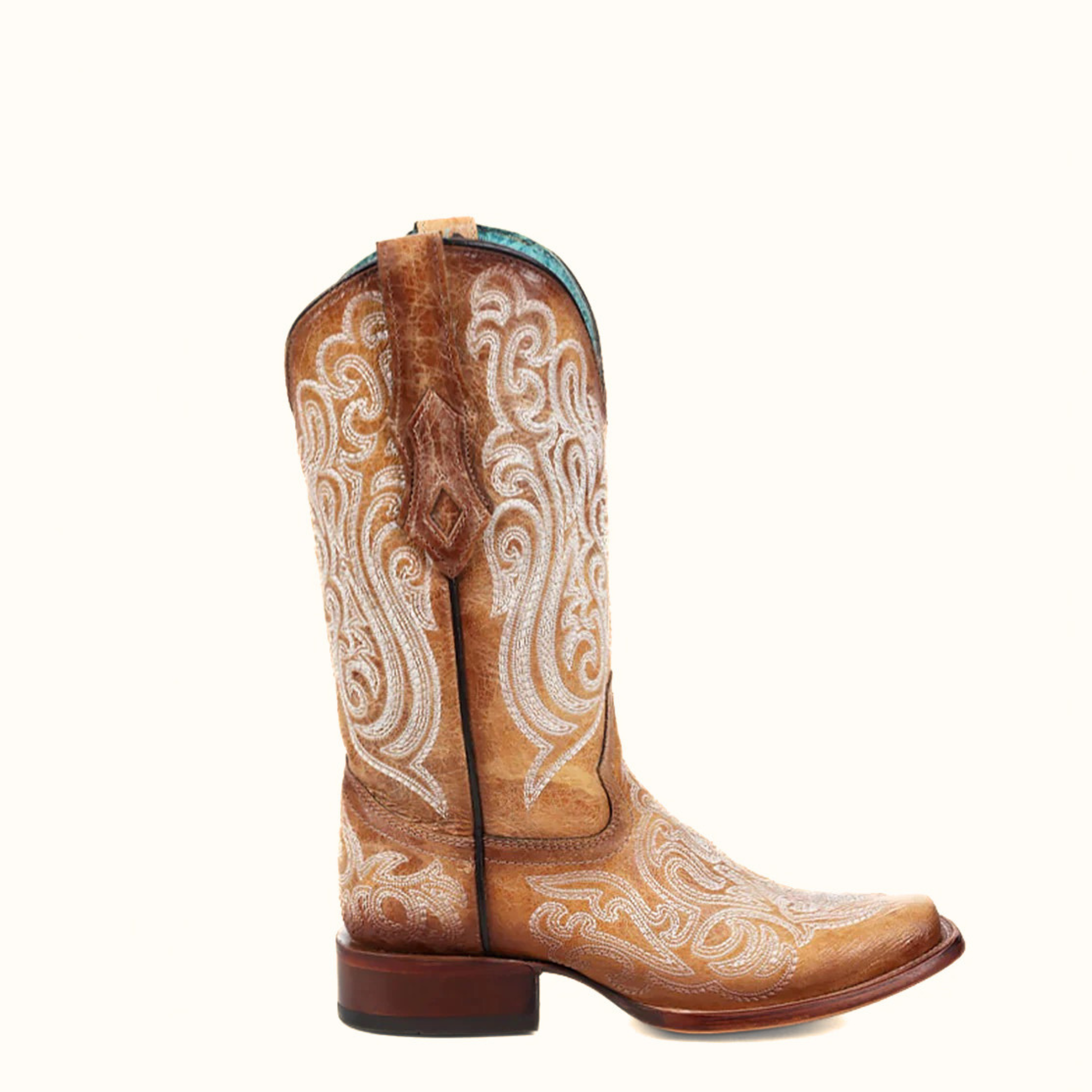 Side profile view of Corral Blue Luminescent Embroidery Straw Square Toe Cowboy Boots