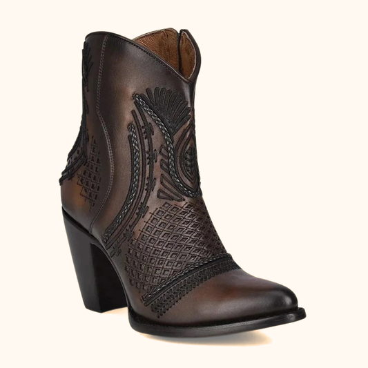 Cuadra Artisan Embroidered Leather Ankle Booties angled side view