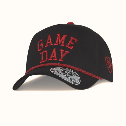 Front view of Ariat Women’s Game Day Black Snapback Cap with red GAME DAY embroidery