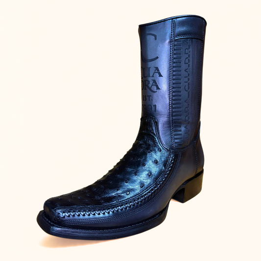 Cuadra Black Ostrich Lazer & Woven Narrow Square Toe Boots angled view in black leather