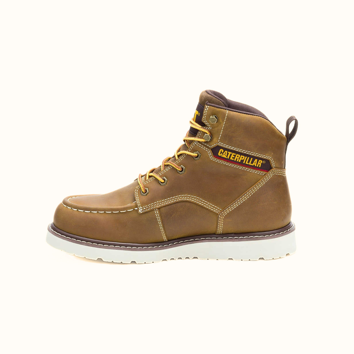 CAT Reclaimer waterproof wedge work boot brown leather side view