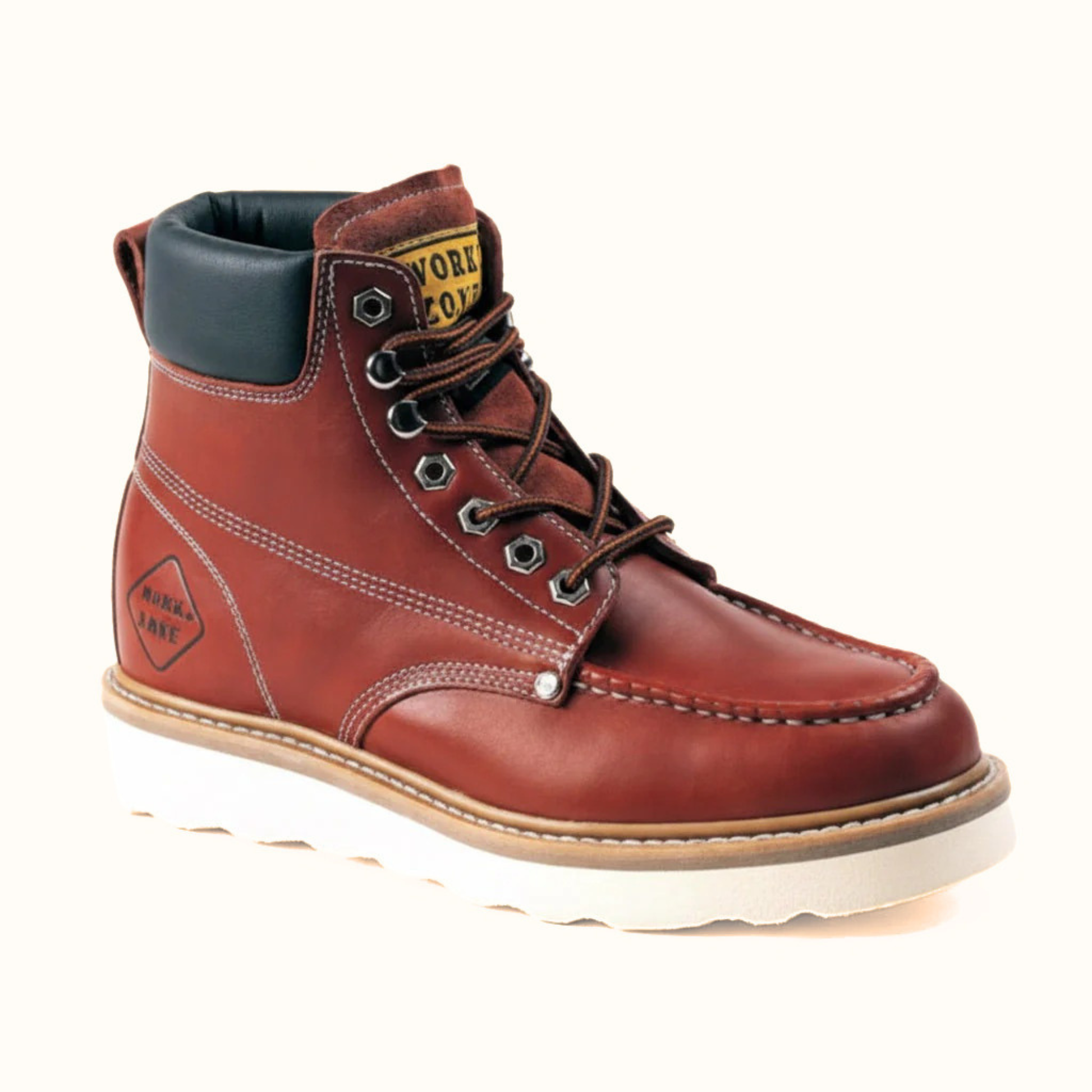 Work Zone 632 work boot brown leather wedge sole angled view