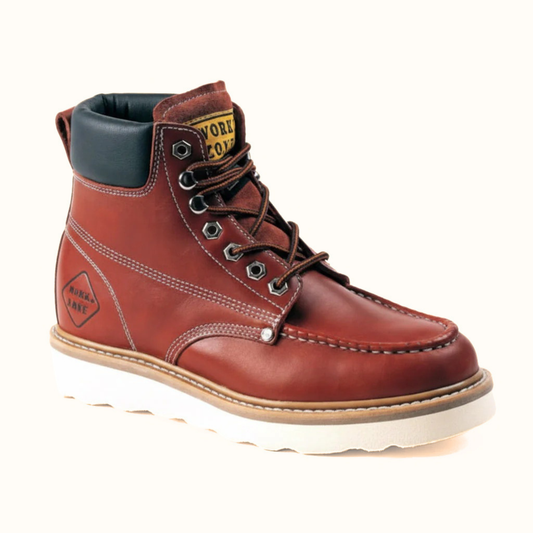 Work Zone 632 work boot brown leather wedge sole angled view