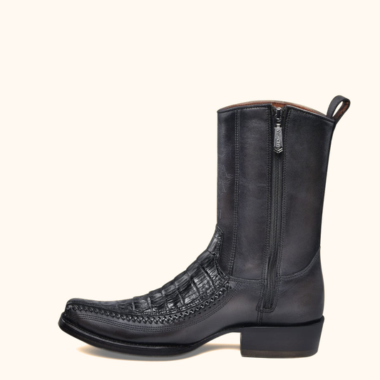 Side profile view of Cuadra Plunge Black Caiman Laser & Woven Narrow Square Toe Boot