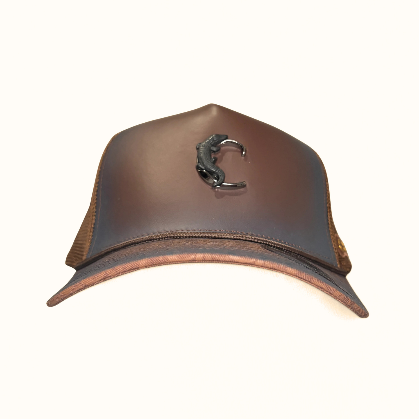 Cuadra Leather Logo Snapback Cap Brown front view