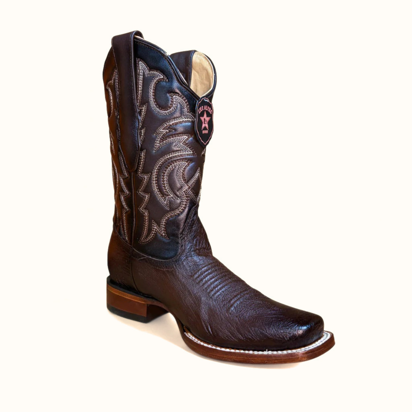 Los Altos smooth ostrich faded brown rodeo square toe boot front angle view